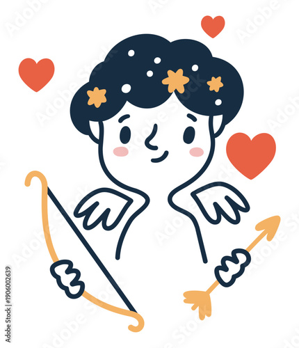 Cute Cupid with bow and arrows. Symbol of love. Cherub aiming with longbow. Amur face. Heart of romance. Kid angel with wings. Valentine amour. Vector cartoon fictional angelic character