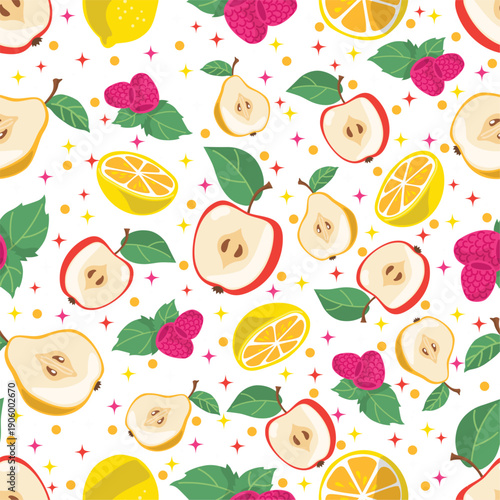 Cut pieces of fruits seamless pattern. Halves of lemon or apple. Juicy pear. Fresh raspberry with leaves. Food taste. Repeated print. Healthy vitamin food. Sweet berry. Vector background