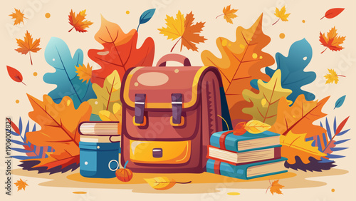 Very beautiful vintage-style backpack resting beside stacked books among autumn leaves, symbolizing seasonal learning, academic inspiration, and peaceful outdoor study moments.