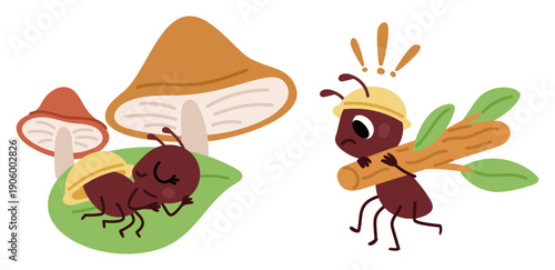 Working insect and lazy ant sleeping under mushroom. Workaholic arthropod carrying leaves stick to anthill. Pismire relaxation. Hardworking creature. Bug cartoon characters vector set