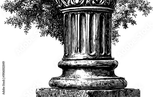Classical architectural column with fluted shaft and botanical elements for design and decor