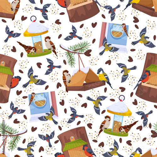 Winter bird feeders seamless pattern. Animals shelters with food. Tits and bullfinches peck at grain. Sparrows fly. Repeated print. Feeding seeds. Park birdwatching. Vector background