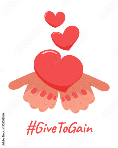 International Women's Day. Hands and hearts with an inscription give to gain.