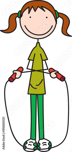 A cute vector illustration of a smiling girl with brown pigtails in a green shirt skipping rope with crossed arms
