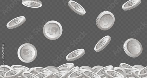 Silver coins fall from above onto pile of steel tokens against transparent background. Investment profit. Dollar currency. Money falling. Win casino jackpot. Fortune income. Vector backdrop