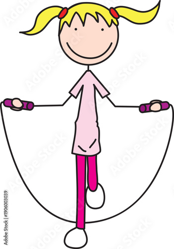 A cute vector illustration of a smiling girl with blonde pigtails playing with a purple jump rope