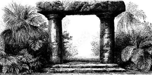 Vintage architectural threshold with botanical elements for design