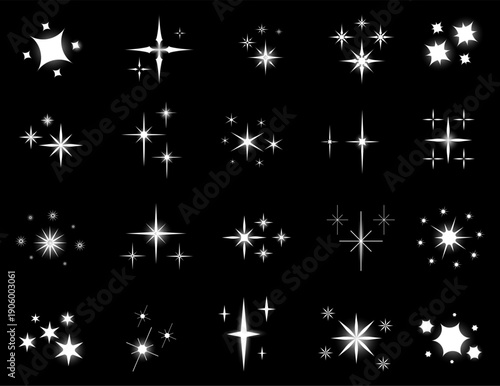 Shining sparks black silhouettes. Magic light sparkles. Flare flashes. Starry graphic element. Brilliant explosion. Firework glitter. Galaxy starlight. Vector set of bright shimmer glints