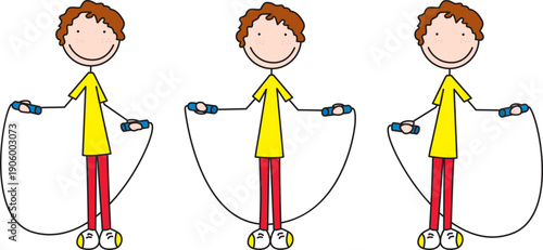 A happy vector illustration of a boy in yellow shirt and red pants showing phases of swinging a jump rope behind the back