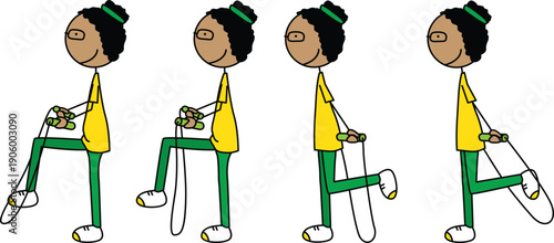 A happy vector illustration of girl with dark hair and glasses showing in different phases of skipping rope while lifting one leg