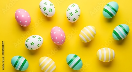 Colorful easter eggs on yellow background. easter holiday concept.