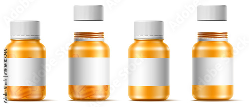Realistic open and closed plastic medical bottles for tablets. Pharmaceutical vial. Vitamin and supplements. packaging. Prescription meds flagon. Medicine capsules jar. Vector packages set