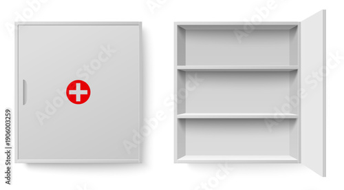 Realistic open and closed medical cabinet with shelves for medicines and drugs on white background. First aid. Medication storage. Health care box with cross icon. Vector isolated objects