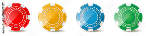 Realistic multicolored casino chips on white background. Tokens for gambling. Winning plastic circles front view. Gamble coin. Roulette wager. Vector isolated gaming objects mockup set