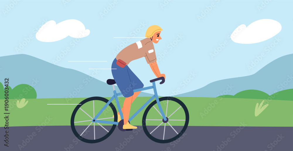 Naklejka premium Cyclist rides sports bike along road with mountains in background. Outdoor summer training. Healthy active lifestyle. Bicyclist in nature. Athletic exercise or leisure. Vector concept