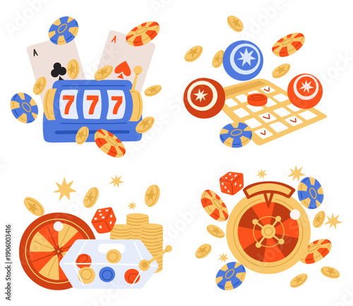 Gambling success. Lottery jackpot. Slot machine bingo. Money prize winning. Lucky roulette bet. Chips or poker cards. Vegas blackjack. Vector set of elements related to gamble and casinos