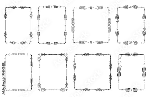 Dark arrow frames. Decorative square borders in Boho style. Doodle Indian archery drawings. Ornate feather. Bowman weapon. Outline arrowhead. Hunters bow. Tribal native design elements set