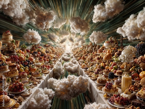 Surreal Heavenly Banquet With Infinite Food Tables And Clouds