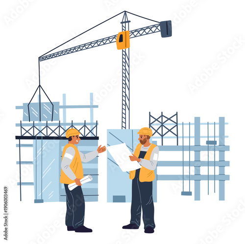 Architect at construction site. Workers discussing house design. Unfinished home. Housing development. Excavator crane. Engineers in uniform talking. Real estate building. Vector concept