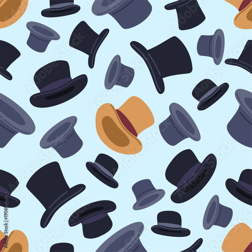 Antique multicolored mens headwear seamless pattern. Gentleman top hats. Old-fashioned cylinder. Repeated print. Male clothing. Dandy accessory. Ancient headgear. Vector background
