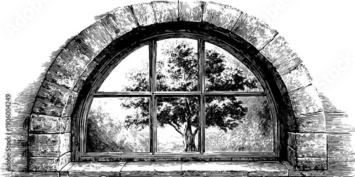 Vintage architectural window arch with botanical detail sketch