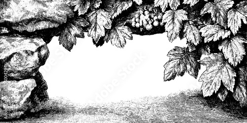 Ornate architectural window with stone and botanical surround for vintage design