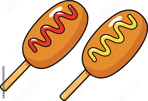Two tilted corn dogs with ketchup and mustard swirls, playful cartoon vector illustration