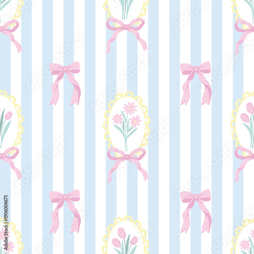 Pastel bow flowers vector seamless pattern with floral frames on gingham background