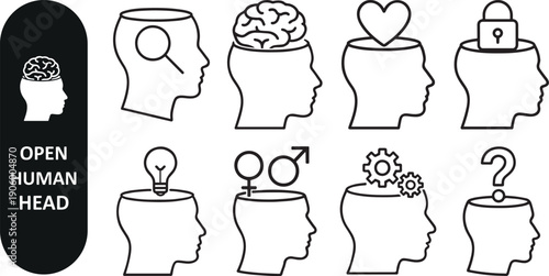 Black open human head line icon set for psychology concepts.