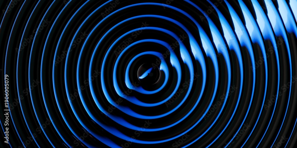 Obraz premium 3D rendering of an abstract geometric background with polished chrome texture and blue gradient, ribbed glass illuminated with neon light