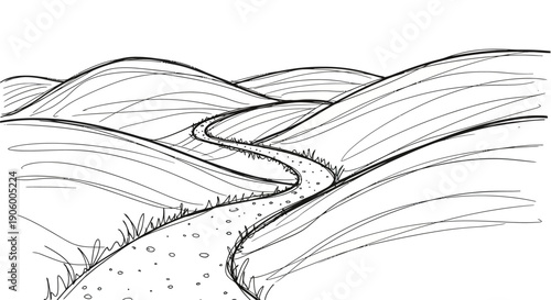 Rolling Hills Landscape Sketch with Winding Road and Grass Vector Illustration for Nature Background