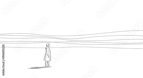 Minimalist Line Drawing of Person Standing in Vast Landscape Looking at Distant Horizon
