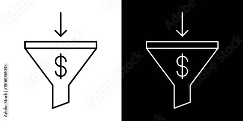Sales funnel icon concept in flat black and white style on clean background vector illustration design.