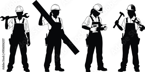 Set of four female construction worker silhouettes wearing hard hats and overalls, holding wrench, drill, hammer, and wooden plank vector illustration.