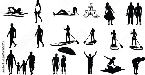 Summer beach vacation silhouettes set including swimming, paddleboarding, sunbathing, family walking, and sandcastle isolated on white background, vector illustration design.