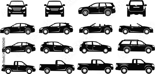 Vehicle silhouette set, different cars side, front and back view, sedan, suv, pickup and convertible, auto transport collection, vector illustration