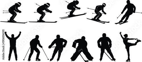 Winter sports silhouettes set including downhill skiing, ice hockey players, and figure skating athletes isolated on white background, vector illustration.