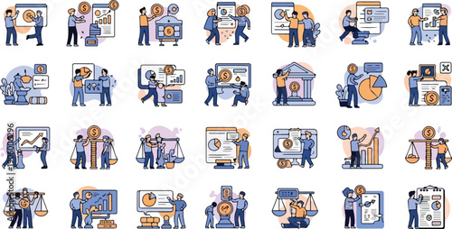 A vector illustration collection featuring a set of business people icons and cartoon character workers in a variety of professional team situations