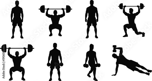 Fitness gym workout silhouettes set including weightlifting, bodybuilding, squats, lunges, and dumbbell exercises isolated on white background, vector illustration design.