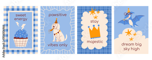 Collection of birthday cards for kids with cute dog in a party hat, flying pterodactyl, crown, cool cupcake. Modern retro flat vector minimalist illustration set for boys party invitation, poster