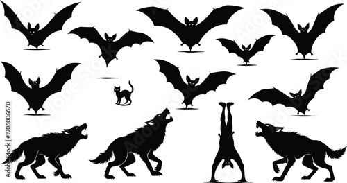 Halloween Silhouette Vector Set, Scary Flying Bats, Howling Wolves, Black Cat, Spooky Night Creatures, Horror Design Elements, Isolated On White