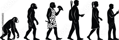 Human evolution silhouette set, from ape and caveman to modern people with smartphone, concept of development, progress, biology, vector illustration