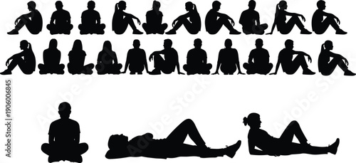 Large collection of black silhouettes of people sitting, squatting, and lying down in various relaxed poses isolated on white background, group, community, people, lifestyle, human, set.