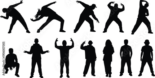 Set of black vector silhouettes of urban youth dancing hip hop, breakdancing, and standing in casual poses, isolated on white background