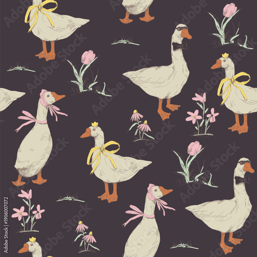 Cute goose seamless vector pattern with flowers bows crowns handdrawn farm illustration
