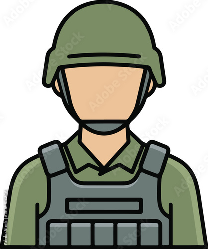 Soldier in olive green uniform with helmet and tactical vest, flat minimal vector illustration