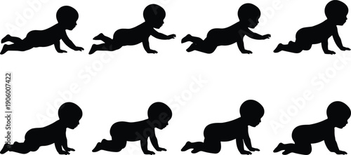 Black Silhouette Set of Crawling Baby Figures, Infant Movement Sequence, Toddler Development Stages, and Newborn Growth Icons for Parenting Design