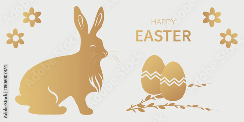 Minimal Easter greeting card design with a bunny silhouette, decorative eggs, flowers, and spring branches in a soft golden color palette on a light background