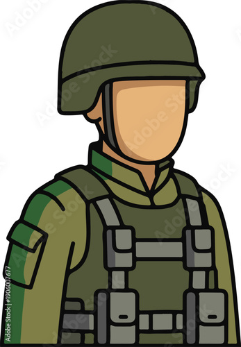 Soldier in olive green combat uniform with tactical chest rig, flat minimal vector illustration