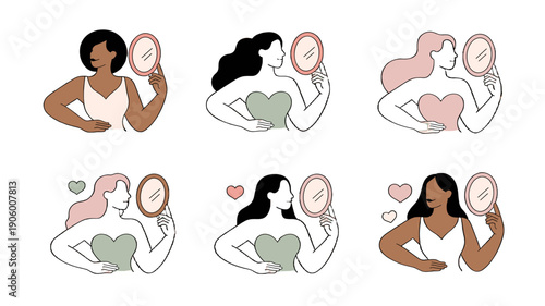 Self-Love Illustrations: Diverse Women Embracing Beauty.